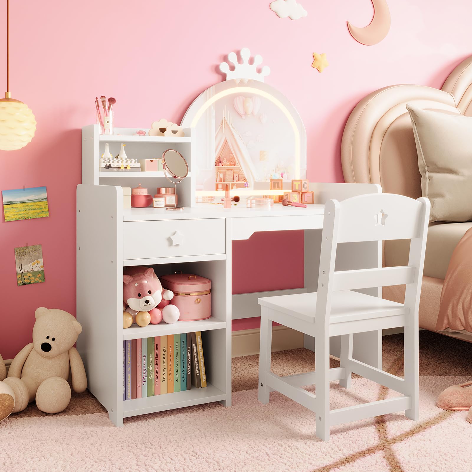 Dressing Table Vanity With Lighted Mirror - طاولة تجميل وكرسي للأطفال - مرآة