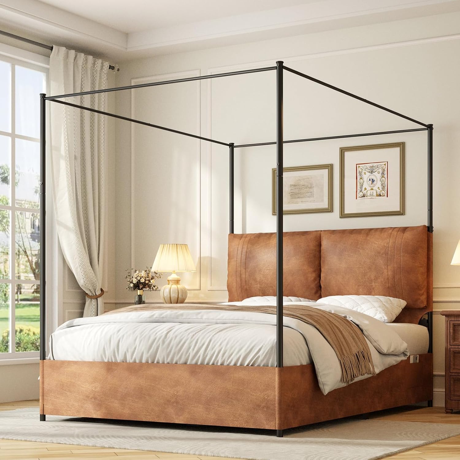 Canopy Bed Frame Metal Queen - إطار سرير بتصميم قنopy مع لوح