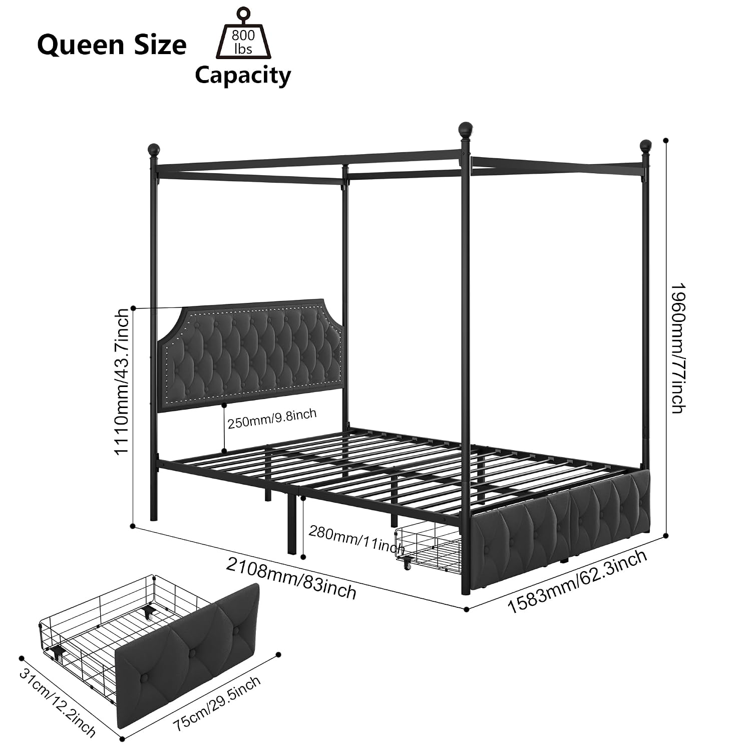 Canopy Bed Frame Metal Queen - إطار سرير كوين مع مظلة ودرجات