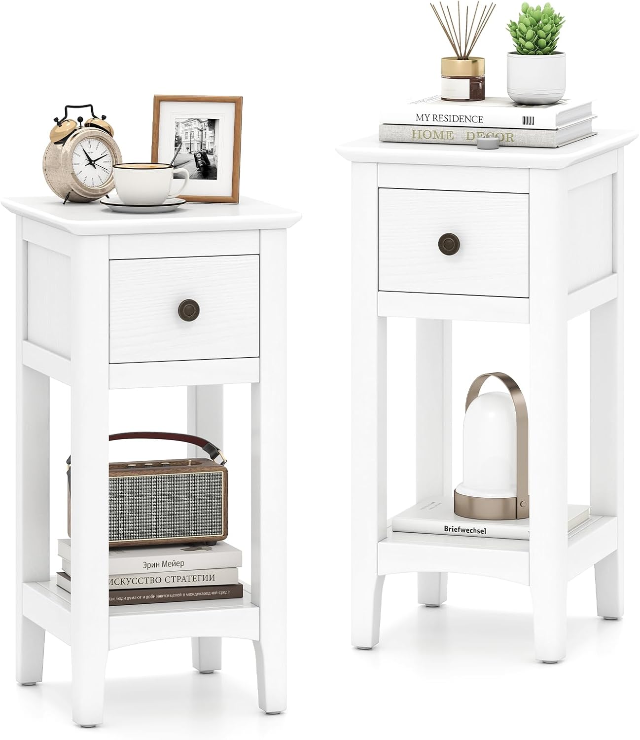 Solid Wood Nightstand 2 Drawers - طاولات جانبية ضيقة مع درج، مجموعة