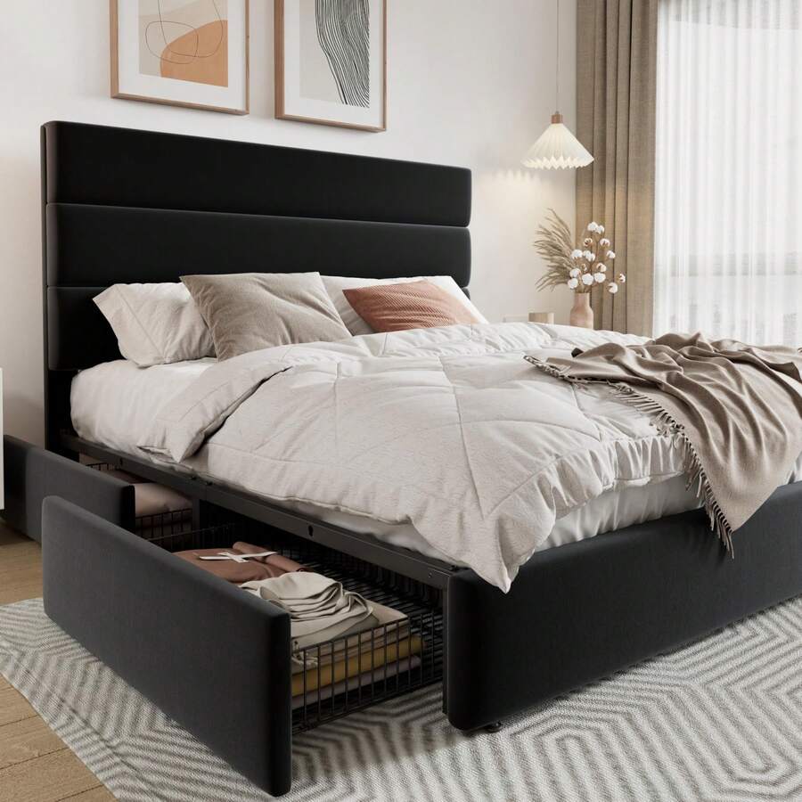 King Size Bed Frame With Storage Drawers - إطار سرير بحجم كامل/كوين/كينج مع 4