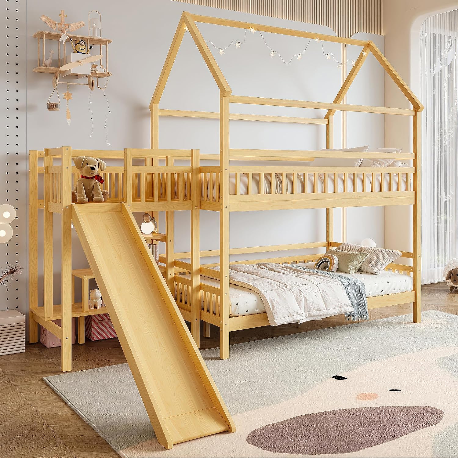 Bunk Bed With Stairs And Slide - سرير بطابقين كامل الحجم مع سقف