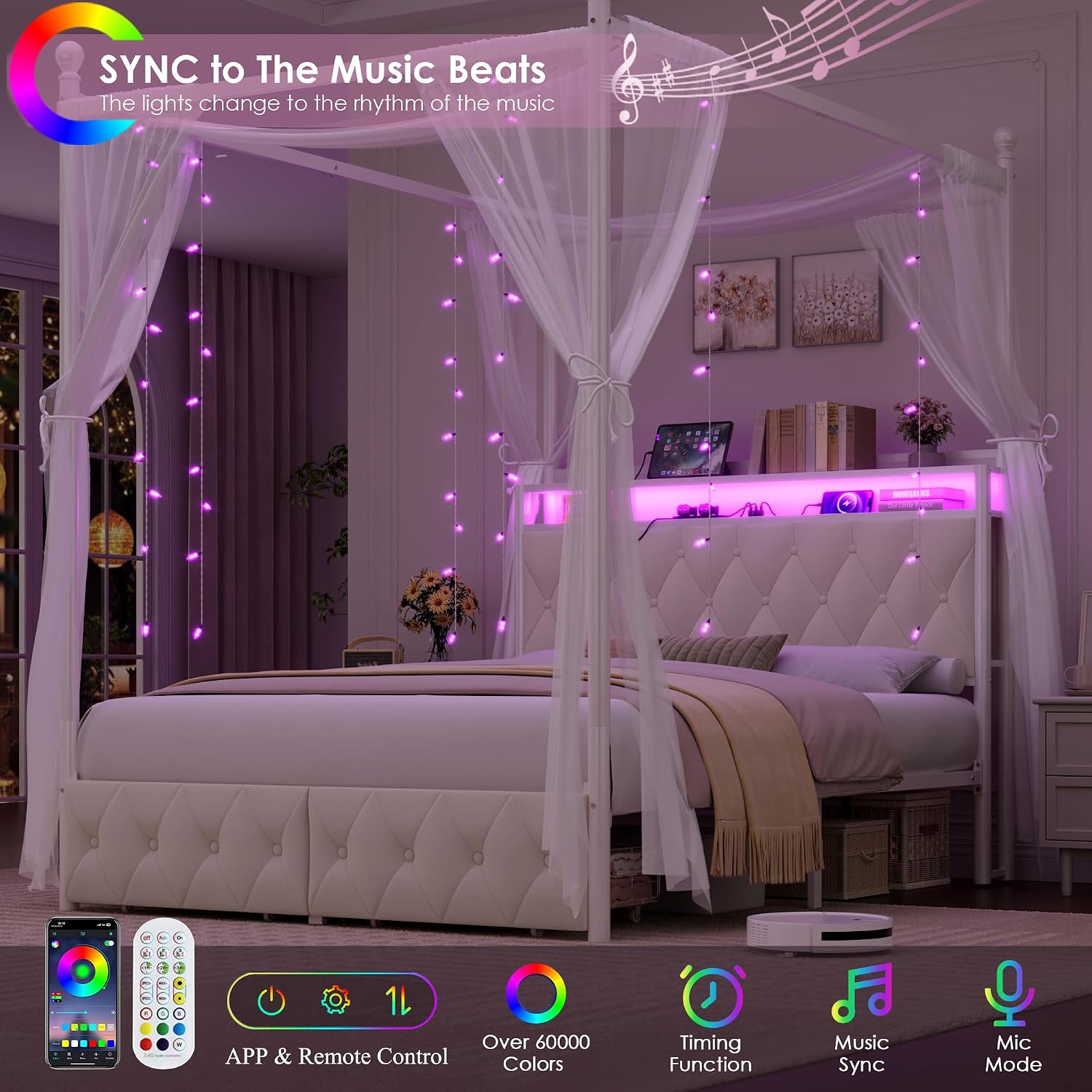 إطار سرير بحجم كوين مع إضاءة L - مراجعة Canopy Bed Frame Metal Queen وسعره