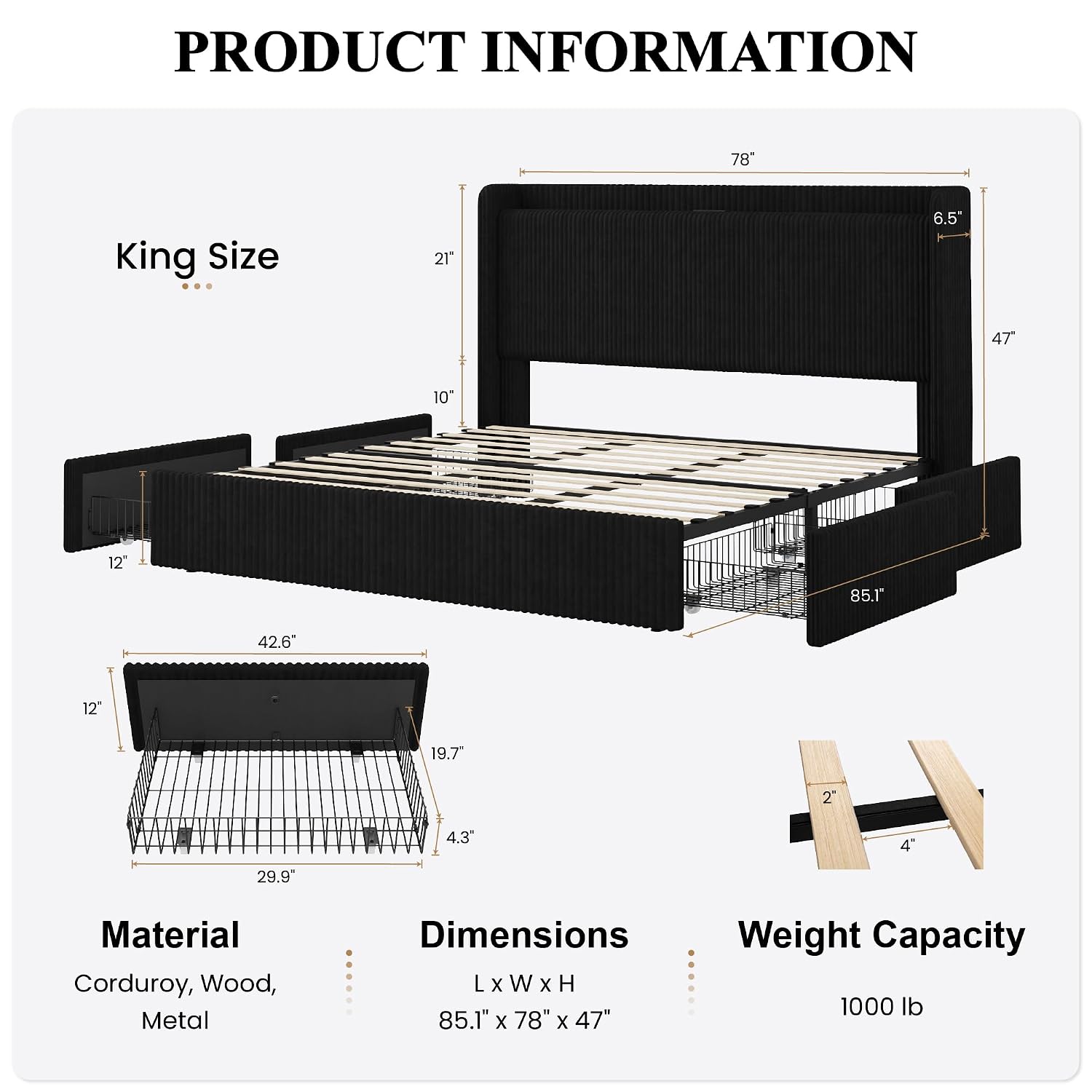 إطار سرير بحجم كينج مع 4 أدراج - مراجعة King Size Bed Frame With Storage Drawers وسعره