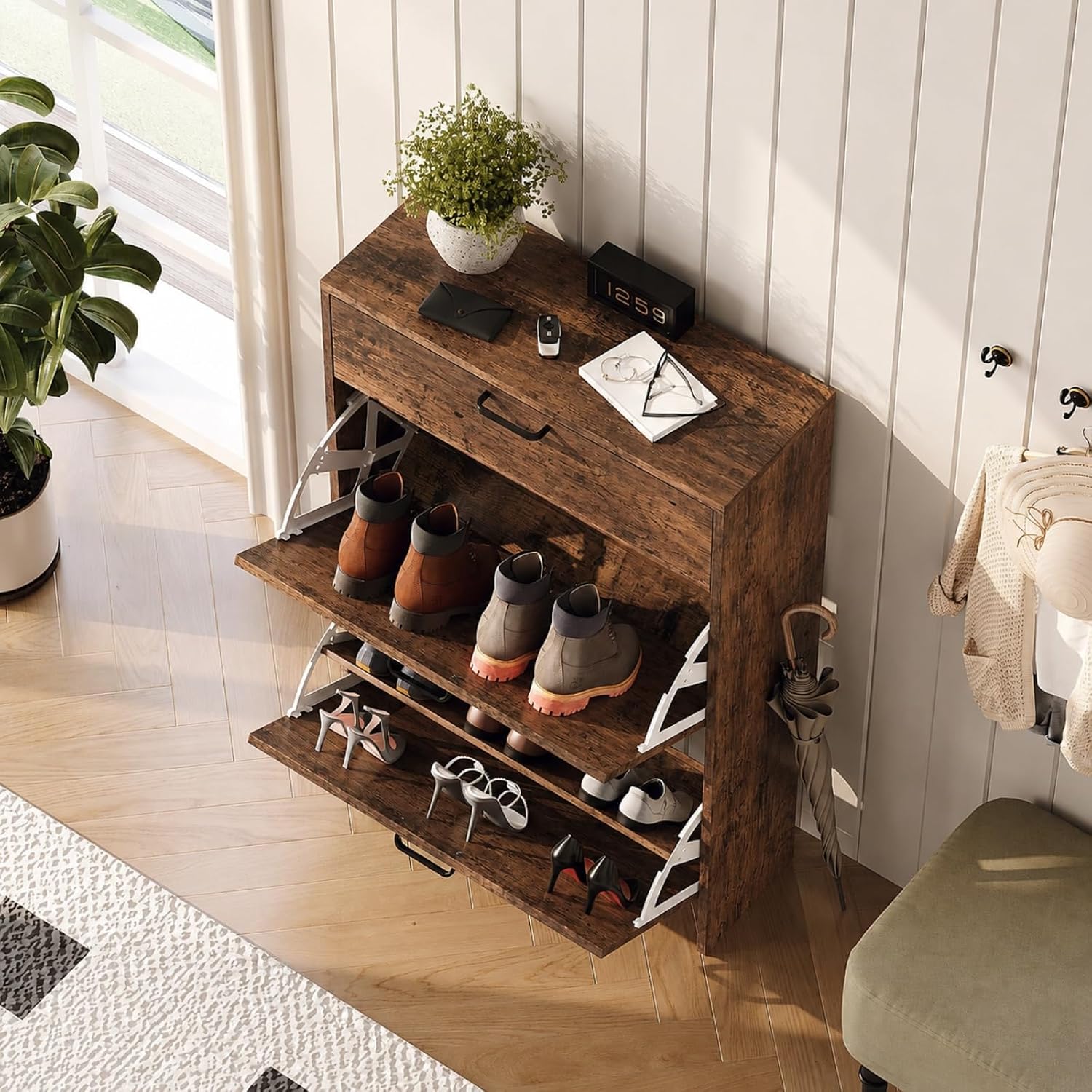 # خزانة أحذية نحيفة مع 2 درج ق - مراجعة Shoe Rack Cabinet Narrow Entryway وسعره