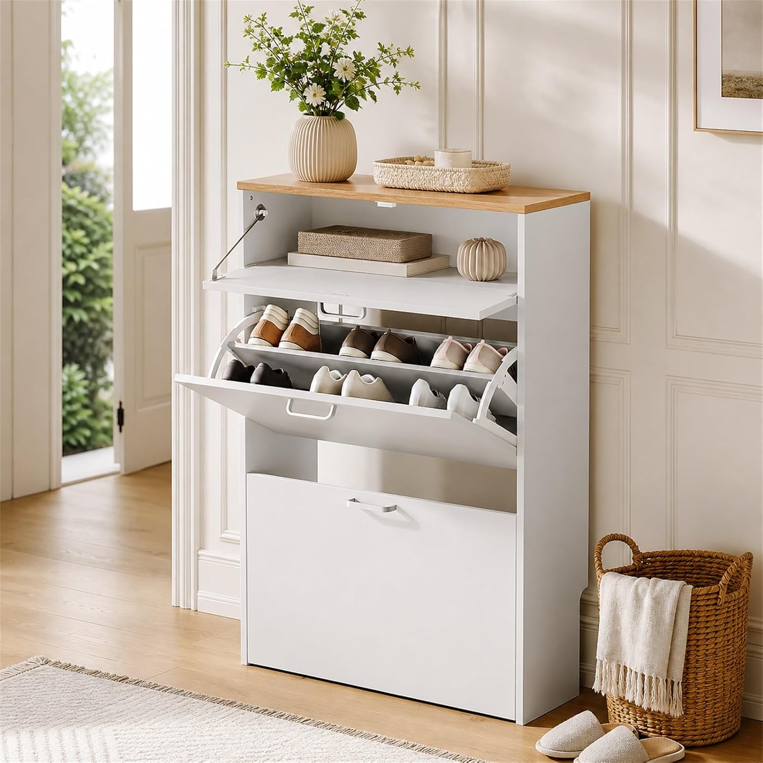 # خزانة أحذية نحيفة مع 2 درج ق - مراجعة Shoe Rack Cabinet Narrow Entryway وسعره